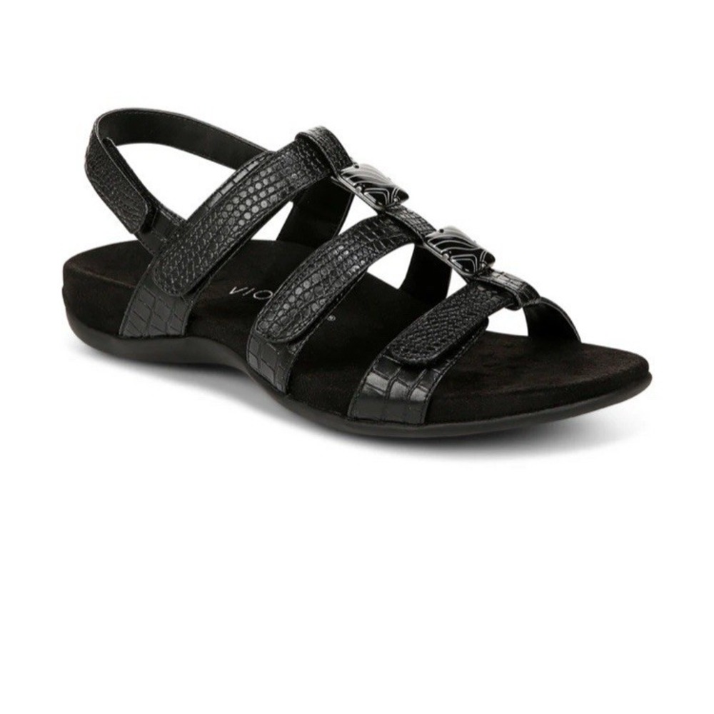 Vionic Amber Black 3 Strap Adjustable Faux Croc Slingback Sandals Women's SZ-7A
